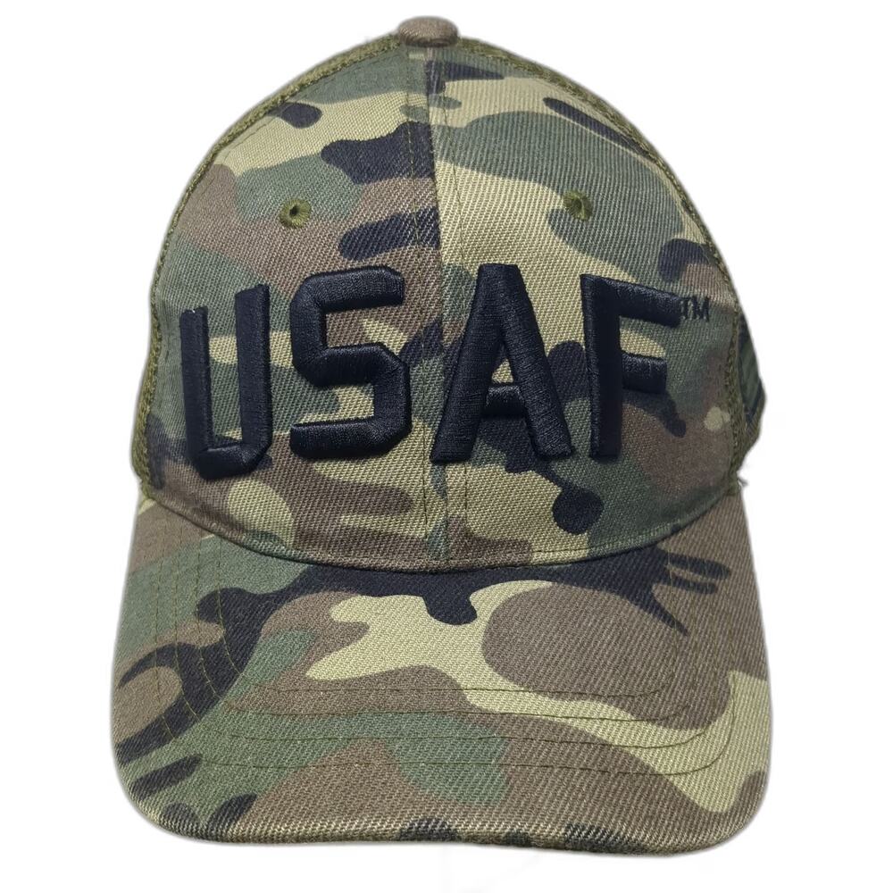 Green Camo USAF Military Trucker Hat One Size Mesh Snapback Side Flag Patch